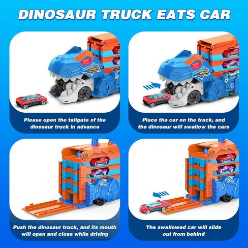 Dinosaur Transport Truck Car Toy for Kids - 3 in 1 Ejection Folding Track Toys w/Sound, Portable Truck with 8 Race Cars, Best Gift Carrier Vehicles Toys Set for Boys Girls 3 4 5 6 Years Old in Kuwait
