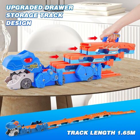 Dinosaur Transport Truck Car Toy for Kids - 3 in 1 Ejection Folding Track Toys w/Sound, Portable Truck with 8 Race Cars, Best Gift Carrier Vehicles Toys Set for Boys Girls 3 4 5 6 Years Old in Kuwait
