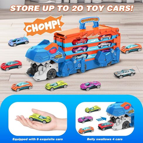 Dinosaur Transport Truck Car Toy for Kids - 3 in 1 Ejection Folding Track Toys w/Sound, Portable Truck with 8 Race Cars, Best Gift Carrier Vehicles Toys Set for Boys Girls 3 4 5 6 Years Old in Kuwait