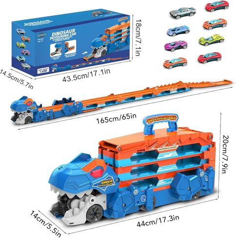 Dinosaur Transport Truck Car Toy for Kids - 3 in 1 Ejection Folding Track Toys w/Sound, Portable Truck with 8 Race Cars, Best Gift Carrier Vehicles Toys Set for Boys Girls 3 4 5 6 Years Old in Kuwait