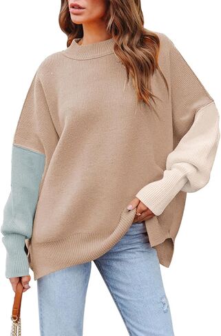 سترة HACOPE النسائية لخريف 2023 غير رسمية كبيرة الحجم بياقة دائرية وأكمام تشبه جناح الخفاش وفتحة جانبية بلوفر منسوج مضلع in Kuwait