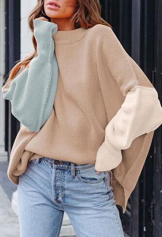 سترة HACOPE النسائية لخريف 2023 غير رسمية كبيرة الحجم بياقة دائرية وأكمام تشبه جناح الخفاش وفتحة جانبية بلوفر منسوج مضلع in Kuwait