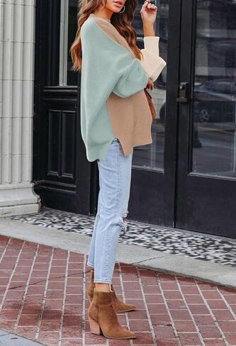 سترة HACOPE النسائية لخريف 2023 غير رسمية كبيرة الحجم بياقة دائرية وأكمام تشبه جناح الخفاش وفتحة جانبية بلوفر منسوج مضلع in Kuwait