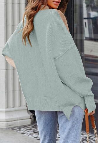 سترة HACOPE النسائية لخريف 2023 غير رسمية كبيرة الحجم بياقة دائرية وأكمام تشبه جناح الخفاش وفتحة جانبية بلوفر منسوج مضلع in Kuwait