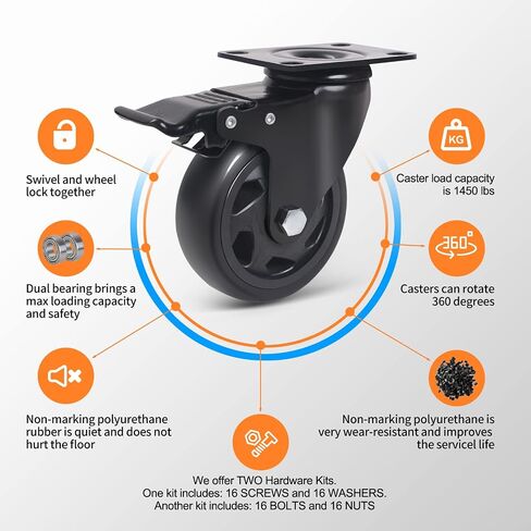5 Inch Caster Wheels, Casters Set of 4, Heavy Duty Casters with Brake 2200 Lbs,Swivel Caster Wheels with Top Plate, Industrial Caster Wheels for Workbench, Cart, Furniture in Kuwait