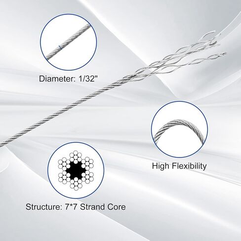 316 Stainless Steel Cable, 200FT 1/32IN Wire Rope with 50Pcs Aluminum Sleeves Stops, for String Lights Hanging, Clotheslines, Trellis Wire in Kuwait