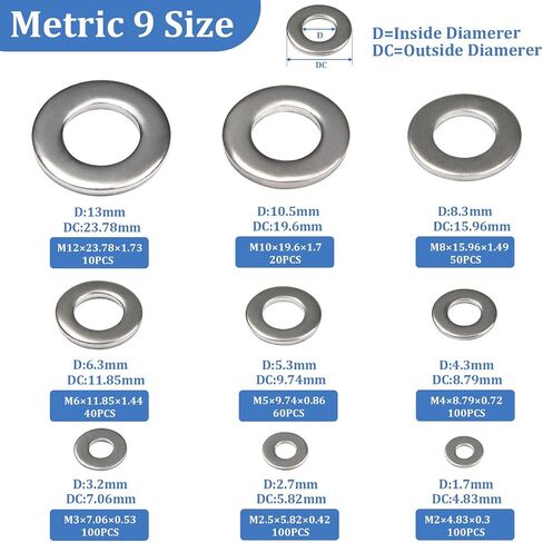 270Pcs Fender Washer for Screws,304 Stainless Steel Flat Washers for Bolts Assortment, SAE Fender Washers Set, 6# 8# 10# 12# 1/4" 5/16" 3/8" 1/2"(8 Sizes) in Saudi Arabia