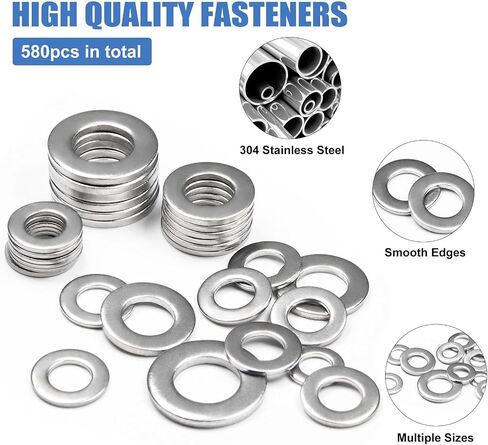 270Pcs Fender Washer for Screws,304 Stainless Steel Flat Washers for Bolts Assortment, SAE Fender Washers Set, 6# 8# 10# 12# 1/4" 5/16" 3/8" 1/2"(8 Sizes) in Saudi Arabia