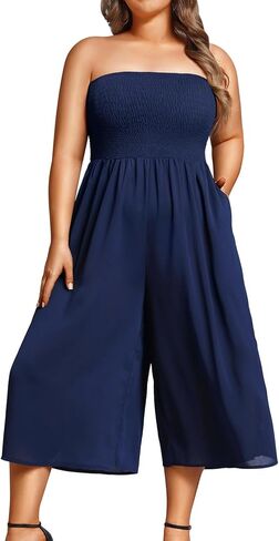 Pinup Fashion حجم كبير حللا النساء التستر عادية قبالة الكتف حمالة بنطال ذو قصة أرجل واسعة رومبير مع جيوب in Kuwait