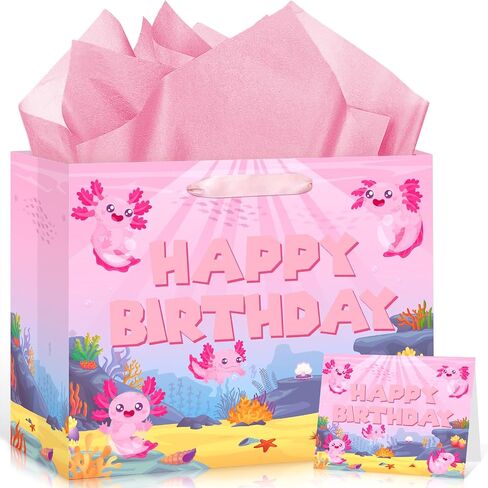 Axolotl Birthday Gift Bag Axolotl Birthday Party Bags with Tissue Paper Card Cartoon Pink Birthday Gift Bag Axolotl Pink Wrapping Paper Axolotl Birthday Decorations Axolotl Birthday Party Supplies in Saudi Arabia