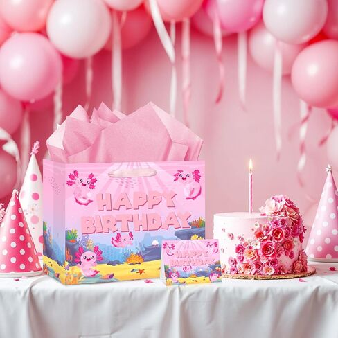 Axolotl Birthday Gift Bag Axolotl Birthday Party Bags with Tissue Paper Card Cartoon Pink Birthday Gift Bag Axolotl Pink Wrapping Paper Axolotl Birthday Decorations Axolotl Birthday Party Supplies in Saudi Arabia