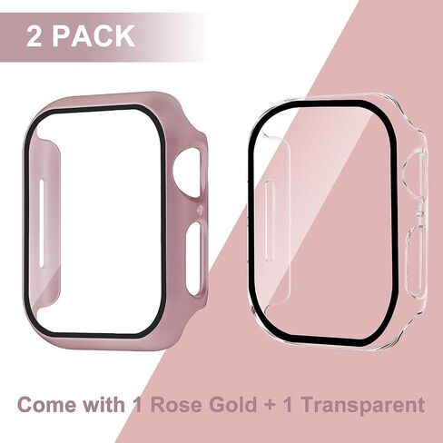 Smiling 2 Pack Case Built in Tempered Glass Screen Protector Compatible with Apple Watch Series 6/SE/Series 5/Series 4 44mm, Hard PC Case Overall Protective Cover- 1 Pink + 1 Transparent in Saudi Arabia