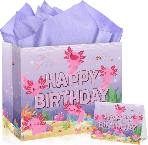 Axolotl Birthday Gift Bag Axolotl Birthday Party Bags with Tissue Paper Card Cartoon Pink Birthday Gift Bag Axolotl Pink Wrapping Paper Axolotl Birthday Decorations Axolotl Birthday Party Supplies in Saudi Arabia