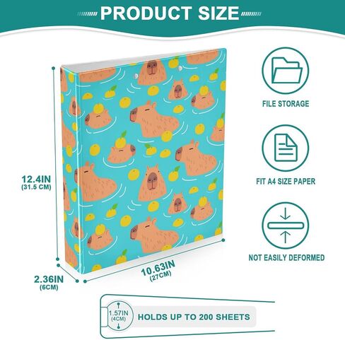 Caikeny 3 Ring Binder Cute Capybaras 1.5 Inch Binders Lemon Round Ring Clipboard with 2 Pockets for Office Supplies in Kuwait