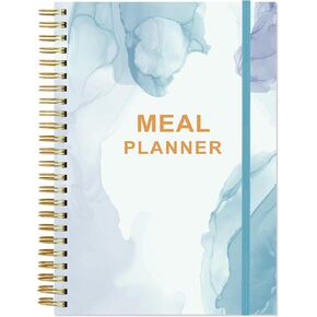 Weekly Meal Planner - A5 Weekly Meal Prep Journal with Shopping and Grocery Lists, 186 Pages Healthy Diet & Weight Loss Tracking, Undated, 52 Weeks, Lasts 1 Year, Blue Flower