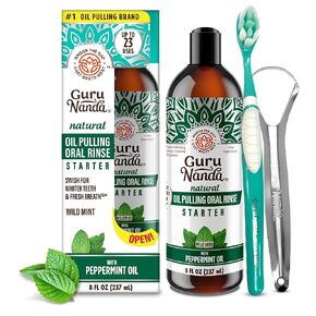 GuruNanda Whitening Pulling Oil with Coconut Oil & Peppermint Essential Oil for Natural Teeth Whitening, Fresh Breath, Alcohol Free Mouthwash (8 FlOz)