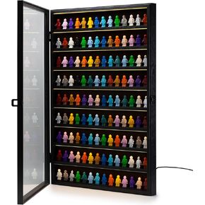 Minifigure Display Case with LED Light, Building Block Toy Miniature Action Figure Collectors Showcase, Mini Figures Wooden Lockable Display Frame Collector Cabinet Box Wall Mount