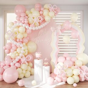 Crossfingers Pink and Palloon Arch Garland Kit ، 161pcs coquette bow فاتح اللون الوردي الأصفر البالون الأبيض مع بالون طويل لعيد الزفاف الزفاف الزفاف الزفاف حفل زفاف الطفل