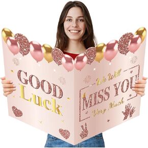 Retirement We Will Miss You Greeting Card for Coworkers Women, Pink Rose Gold Guest Signature Book Gifts, Good Luck Blessing Greeting Card for Going Away Farewell Decorations Party Supplies