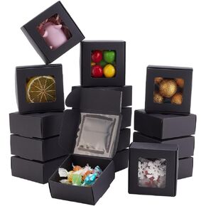 Benecreat 100 Pack Black Kraft Paper Boxes مع نافذة واضحة ، 2.5x2.5x1.2inch مربع التغليف الحالي للذكرى السنوية ، أعياد الميلاد ، حفلات الزفاف ، التخرج
