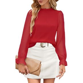 Aifer Womens Blouses Trendy Dressy Casual Tops Elegant Puff Long Sleeve Shirts Ruffle Mock Neck Plain Chiffon Outfits