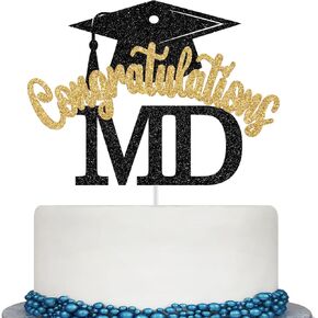 تهانينا MD Cake Topper ، زينة التخرج الطبيب ، الناجين من مدرسة Med ، طبيب تهانينا ، زينة حفل التخرج من كلية الطب (بريق أزرق وذهبي)