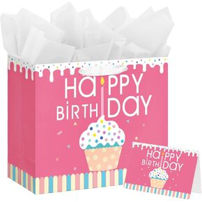 13" Happy Birthday Gift Bag with Tissue Paper and Card for Girls Women Kids Birthday Party (Cupcake Design)
