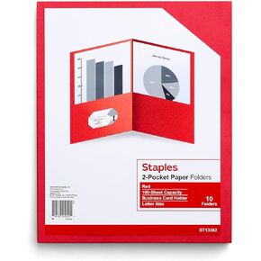Staples 10% Recycled Smooth 2-Pocket Paper Presentation Folder, Red, 10/Pack (13382-US)
