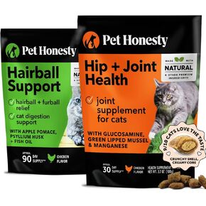 Pethonesty Cat Hairball Support + Cat Hip & Joint Support Dual Texture Phemlement Bundle - Cat Hairball Solution ، يدعم البشرة والمعطف والهضم ، ملحق دعم مفصل الجلوكوزامين ، الورك Sup