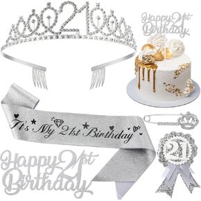 21st Birthday Decorations for Her, Including 21st Birthday Sash, Corsage, Rhinestone Tiara Crown, Badge Pin, Happy Birthday Cake Toppers 21st Birthday Gifts for Her(Rose Gold)
