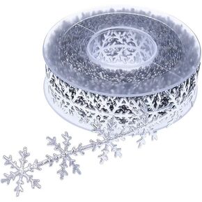 A Roll of 0.98 Inch X 10 Meters Silver Glitter Snowflake Ribbon Lace Christmas Snowflake Leaves Ribbon Sequins Trim for Christmas Celebration Wedding Birthday Party Festive Event Decoration