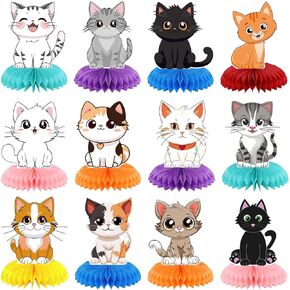 Pickmesh 12 PCS Cat Birthday Party Decoration Honeycomb Centerpinces هريرة طاولة مركزية القطط TOPPER TOPPER 3D Double -Side Histor