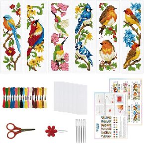 ORIGACH 6 Set Birds Cross Stitch Bookmark Kit for Beginner with Backing Felt Floss Instructions DIY Stamped Embroidery Bookmark Kit for Adults, Book Lovers