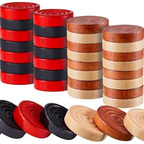 48 Pieces Wooden Checkers 1.06 Inch Wooden Checkers Pieces with Stackable Ridge in Drawstring Storage Pouch Red Black Dark Brown Wood Color (Red, Black, Dark Brown, Natural Color)