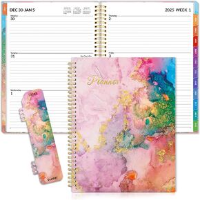 SUNEE 2025 Weekly and Monthly Planner - from January 2025 - December 2025, 8.5"x11" Daily Agenda Planner with Monthly Tab, Flexible Cover, Note Pages, Pockets, Bookmark, Spiral Binding, Marble