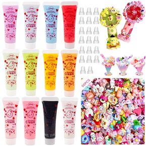 Simulation Fake Whipped Cream Glue, 12PCS Decoden Cream Clay Glue Adhesive Kit, 20 Decorating Mouth, 50 Charm Craft Resin Decoration for DIY Making Craft Kit