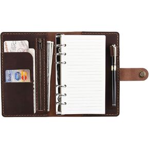 Leather Writing Journal Notebook Refillable, A6 Personal Size Traveler's Notebook with Pockets, 6 Ring Binder Planner Notebook with Pen Holder-BROWN