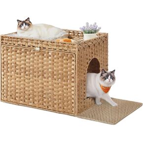 Feandrea Cat Litter Box Enclosure, Handwoven Rattan Hidden Litter Box Furniture with Extra Litter Mat, Removable Washable Tray, Boho Cat House, End Table, Dove Gray UPCL014G01