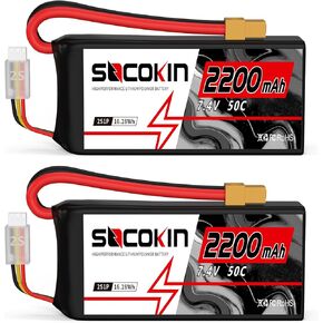 بطارية 2S Lipo 7.4V 50C 2200mAh بطاريات مع موصل T-Plug Plug Shorty بطارية ناعمة لحالة ناعمة لـ FPV Drone Quadcopter AAV Airplane Helicopter RC Car Truggy Truggy (2 Pack)