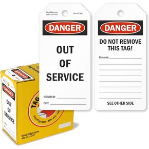 SmartSign 100 pack 'Danger out of Service' علامات الكتابة على الوجهين في صندوق موزع ، حقول فارغة للحصول على تفاصيل السلامة ، 6.25 "× 3" ، 10 مل من البلاستيك ، مقاوم للماء ، مقاوم للدموع ، أحمر/أسود على أبيض