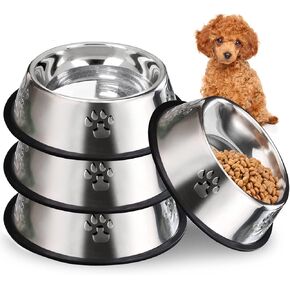 Hamiledyi Stainless Steel Dog Cat Bowl with Rubber Base 4 Pack Pet Feeder and Water Bowls Stackable Non-Slip Puppy Dishes for Small Medium Animals Kitten Rabbit