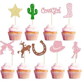 36pcs Cowgirl Cupcake Toppers Glitter Horseshoe Cactus Gun Cupcake يختار راعية البقر القبعات أحذية الديكورات للموضوع الغربي للاستحمام الطفل اللوازم ديكور عيد ميلاد