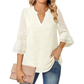 Lotusmile Womens Tops Dressy Casual 3/4 Tiered Bell Sleeve Blouses Double Layered Chiffon Work Tunic Shirts