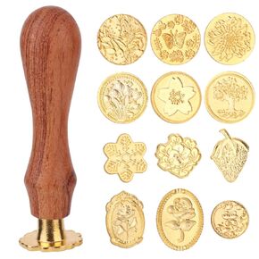 Wax Seal Stamp Kit, 12 Vintage Zinc Alloy Wax Stamp Heads and 1 Wooden Handle for Invitation Cards Envelopes Gift Decoration DIY Craft Supplies (Style 1)