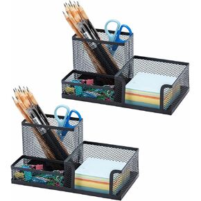 2 Pack Black Pen Holder - Mesh Desk Organizer Office Supplies Caddy مع حامل الملاحظات اللزج ، 3 مقصورات 4 الحصير غير المنقولة سهلة التخزين المناسبة للمدرسة ، المنزل