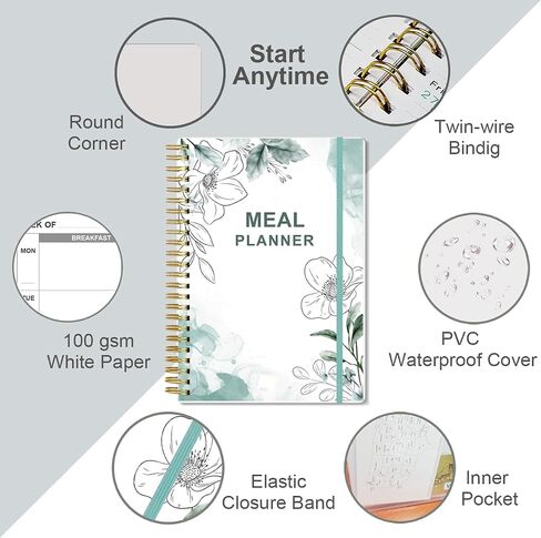 Weekly Meal Planner - A5 Weekly Meal Prep Journal with Shopping and Grocery Lists, 186 Pages Healthy Diet & Weight Loss Tracking, Undated, 52 Weeks, Lasts 1 Year, Blue Flower in Saudi Arabia