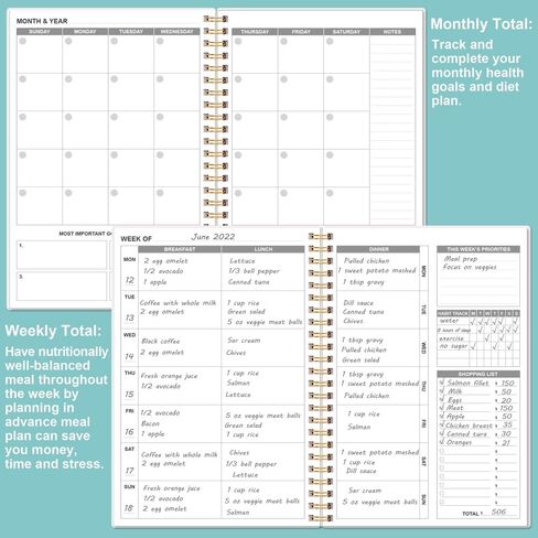 Weekly Meal Planner - A5 Weekly Meal Prep Journal with Shopping and Grocery Lists, 186 Pages Healthy Diet & Weight Loss Tracking, Undated, 52 Weeks, Lasts 1 Year, Blue Flower in Saudi Arabia