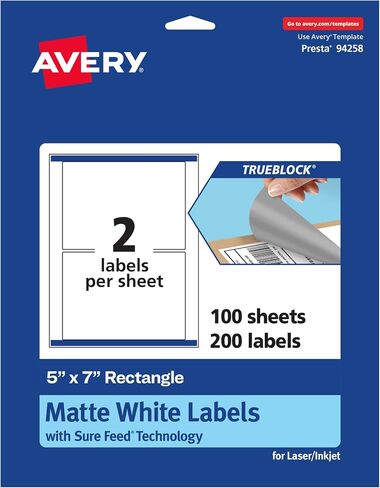 Avery TrueBlock Matte White Rectangle Labels with Sure Feed, 5" x 7", 200 Matte White Labels, Laser/Inkjet Printable Labels, Great for Packaging and Product Labels in Saudi Arabia