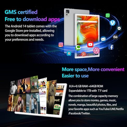 جهاز لوحي Android 14 مقاس 10 بوصة 2025 أحدث جهاز لوحي WiFi 6 مع معالج ثماني النواة وذاكرة الوصول العشوائي (RAM) سعة 8 جيجابايت + مساحة تخزين 64/512 جيجابايت، وكاميرا بدقة 13 ميجابكسل + 8 ميجابكسل/شهادة GMS/بلوتوث 5.0، جهاز لوحي مزود بلوحة مفاتيح/حافظة/ماو in Kuwait