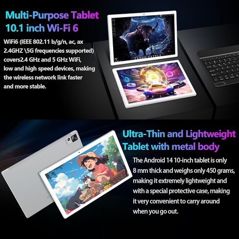 جهاز لوحي Android 14 مقاس 10 بوصة 2025 أحدث جهاز لوحي WiFi 6 مع معالج ثماني النواة وذاكرة الوصول العشوائي (RAM) سعة 8 جيجابايت + مساحة تخزين 64/512 جيجابايت، وكاميرا بدقة 13 ميجابكسل + 8 ميجابكسل/شهادة GMS/بلوتوث 5.0، جهاز لوحي مزود بلوحة مفاتيح/حافظة/ماو in Kuwait